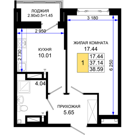 Планировка 1-комн 38,59 м²