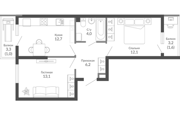 Планировка 2-комн 50,7 м²