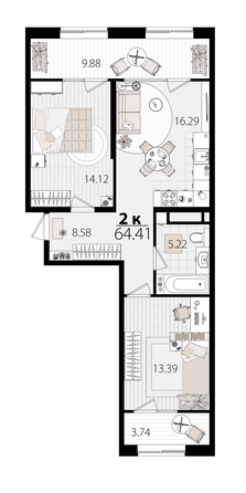 Планировка 2-комн 64,21 м²