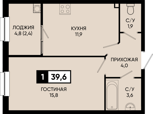 Планировка 1-комн 39,6 м²