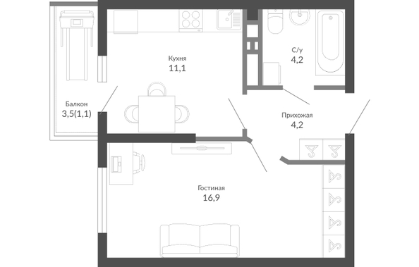 Планировка 1-комн 37,5 м²