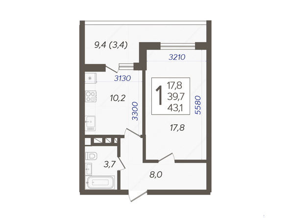 Планировка 1-комн 43,1 м²