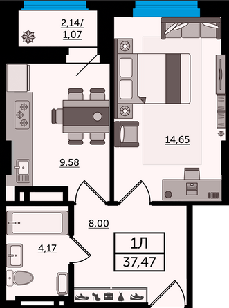 Планировка 1-комн 37,47 м²