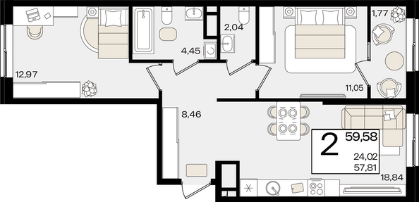 Планировка 2-комн 59,58 м²