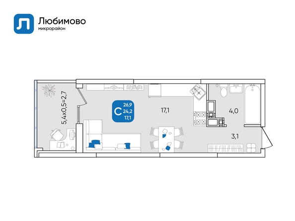 Планировка 1-комн 26,9 м²