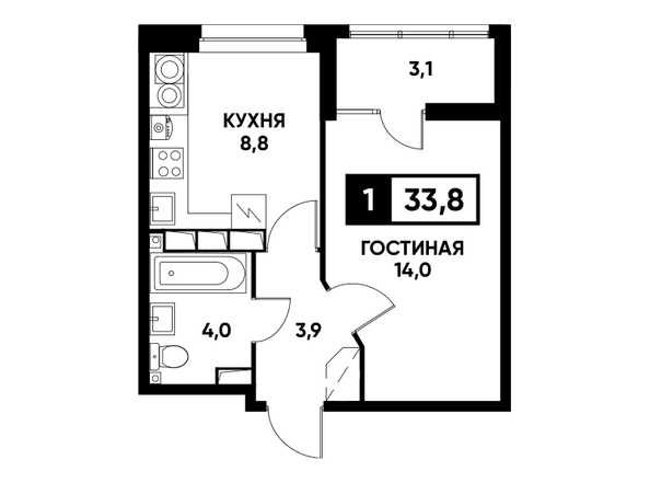 Планировка 1-комн 33,8 м²