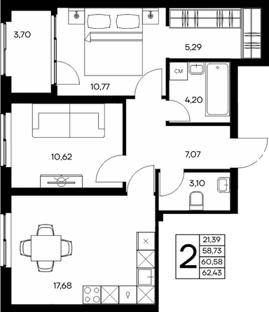 Планировка 2-комн 62,43 м²