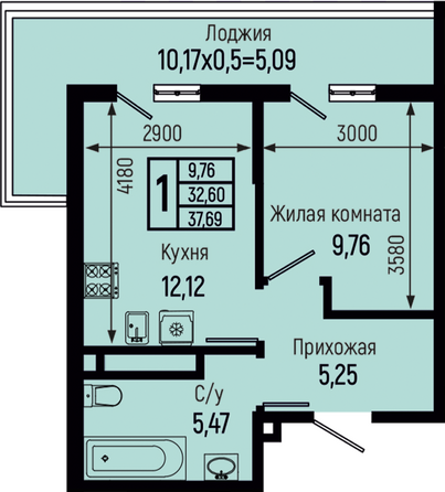 Планировка 1-комн 37,69 м²