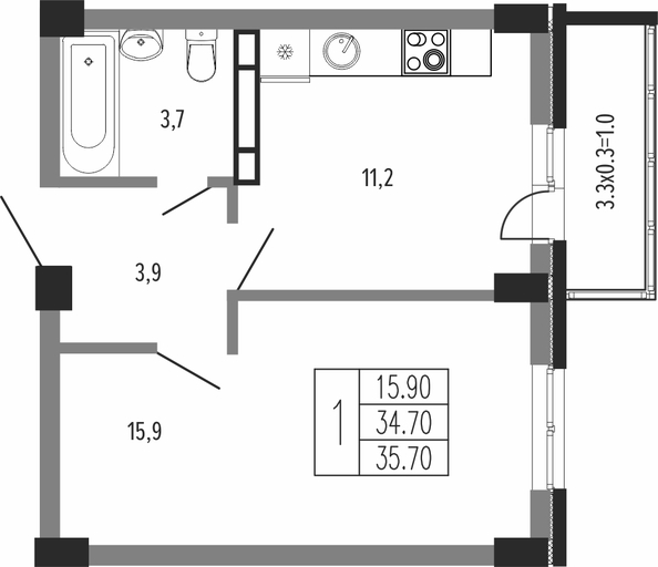 Планировка 1-комн 35,7 м²