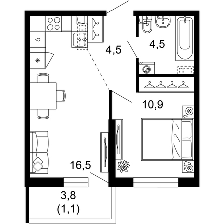 Планировка 1-комн 37,5 м²