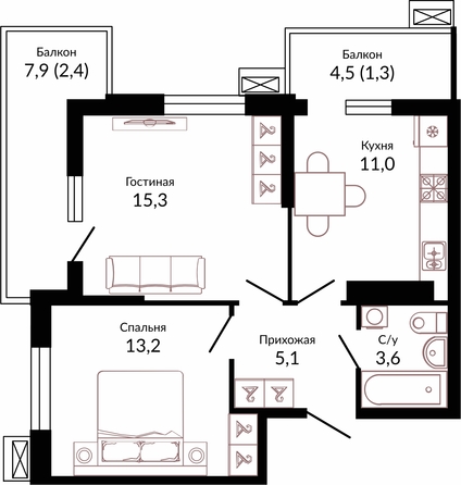 Планировка 2-комн 51,9 м²