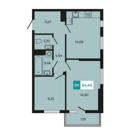 Планировка 2-комн 54,42 м²