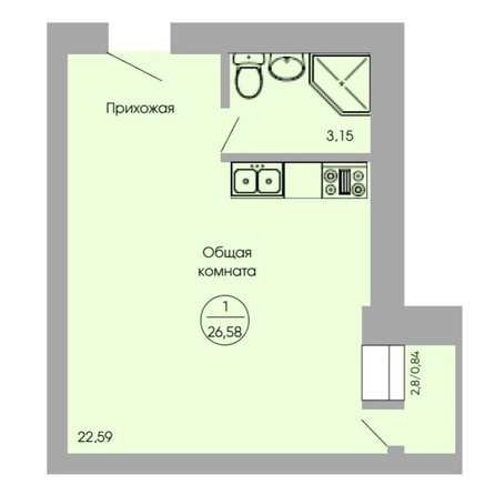 Планировка Студия 26,58 м²