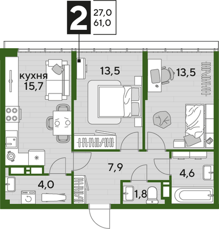 Планировка 2-комн 61 м²