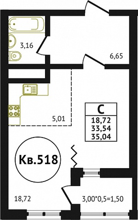 Планировка Студия 35,03 - 36,4 м²