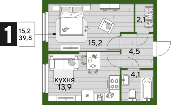 Планировка 1-комн 39,8 м²