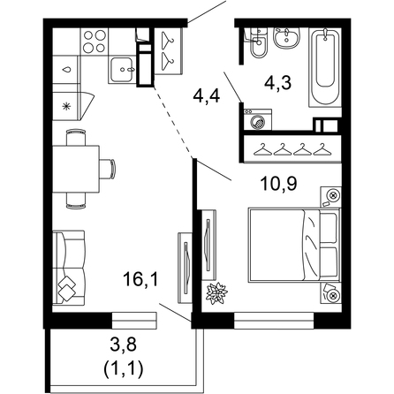 Планировка 1-комн 36,8 м²