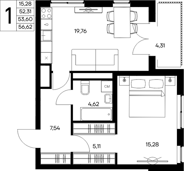 Планировка 1-комн 56,62 м²