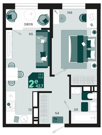 Планировка 2-комн 42,7, 43,6 м²