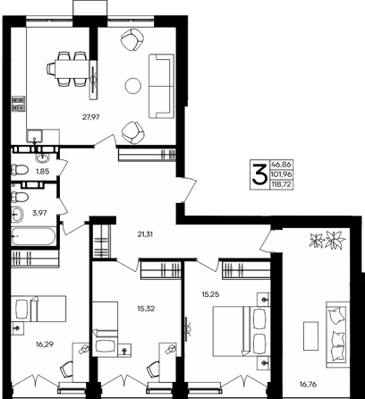 Планировка 3-комн 118,72, 118,76 м²