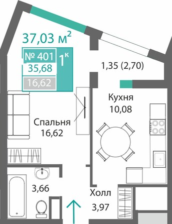 Планировка 1-комн 35,68 - 36,43 м²