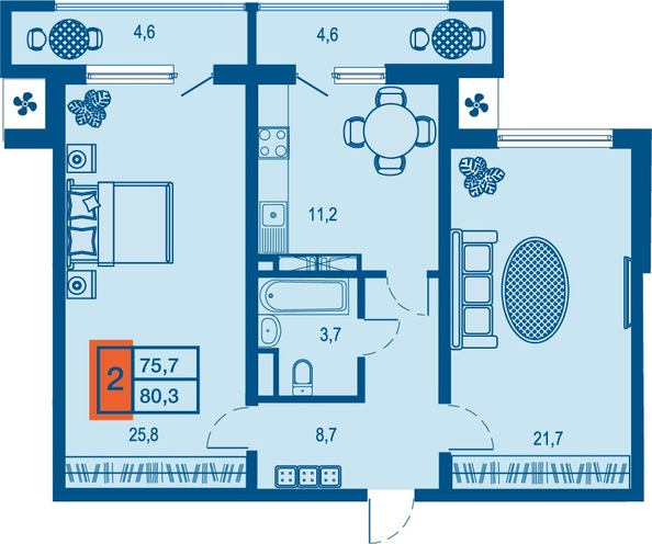 Планировка 2-комн 75,7, 76,1 м²