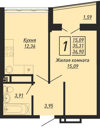 Планировка 1-комн 36,9 м²