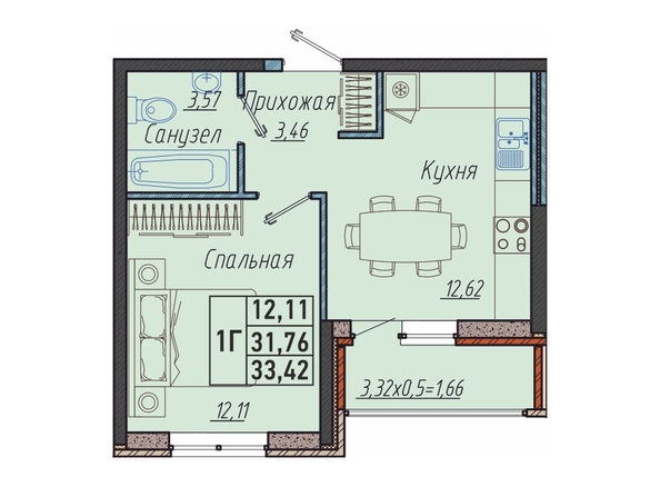 Планировка 1-комн 33,42 м²