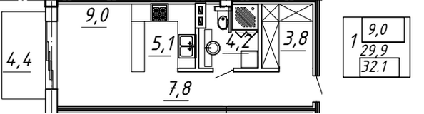 Планировка 1-комн 32,1 м²