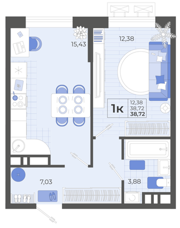 Планировка 1-комн 38,72 м²