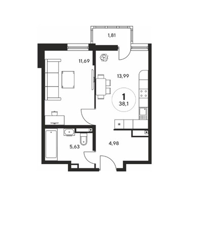 Планировка 1-комн 37,85, 37,95 м²