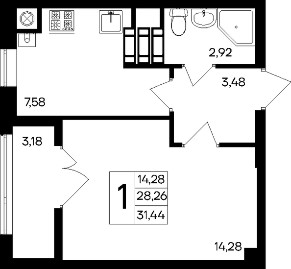 Планировка 1-комн 30,58 - 31,93 м²