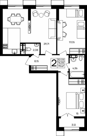 Планировка 2-комн 79,47 м²