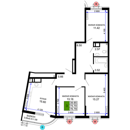 Планировка 3-комн 76,79 м²