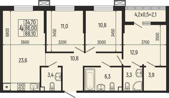 Планировка 4-комн 87,3, 88,1 м²