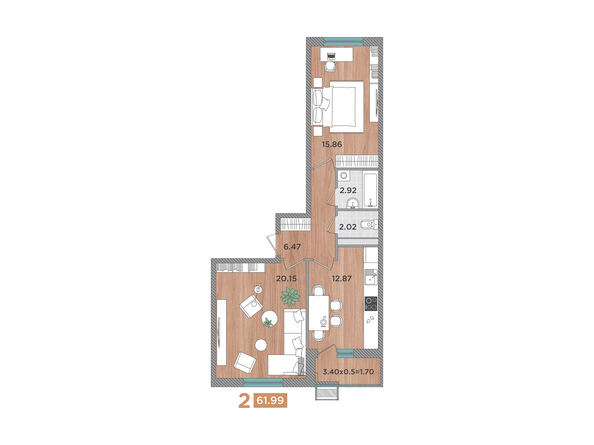 Планировка 2-комн 61,99 м²