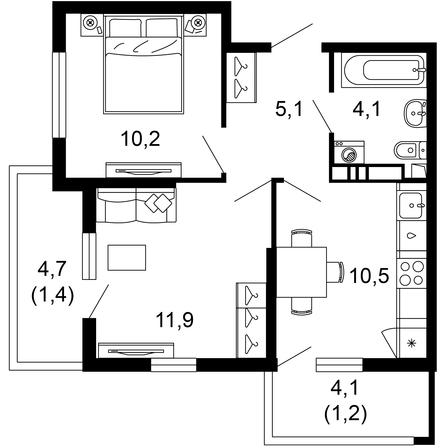 Планировка 2-комн 44,4 м²