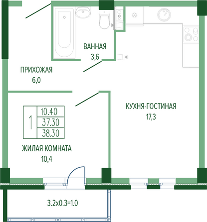 Планировка 1-комн 38,3 м²