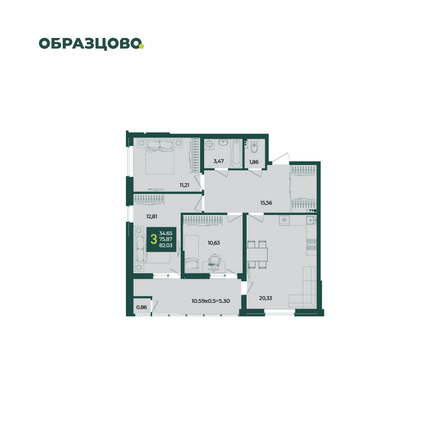 Планировка 3-комн 82,03 м²