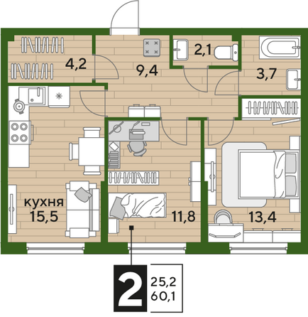 Планировка 2-комн 60,1 м²