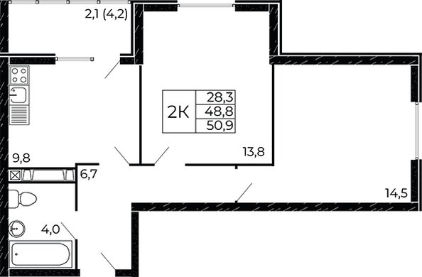 Планировка 2-комн 50,9 м²