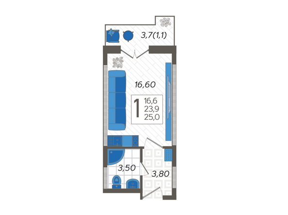 Планировка 1-комн 25 м²