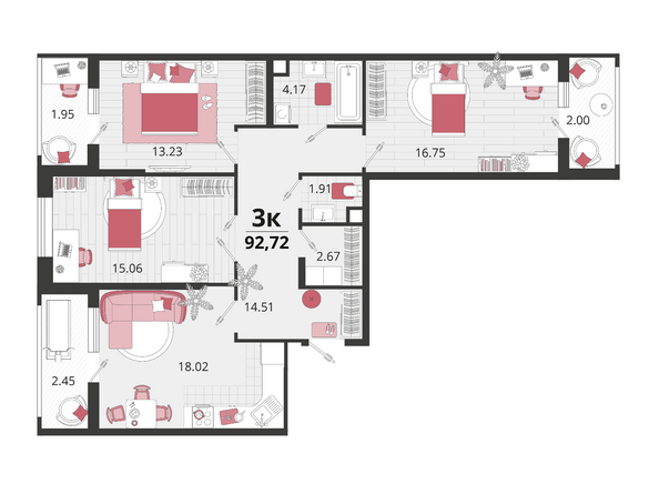 Планировка 3-комн 92,72 м²