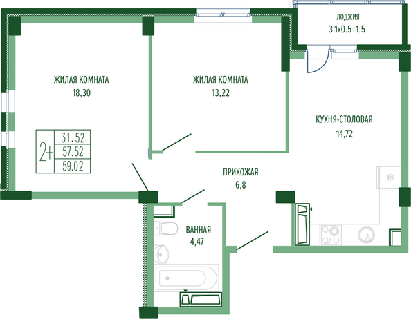 Планировка 2-комн 59,02 м²