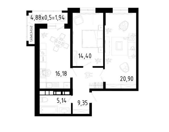 Планировка 2-комн 68,83 м²