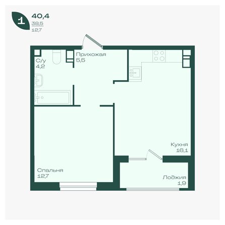 Планировка 1-комн 40,4 м²