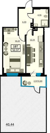 Планировка 1-комн 52,37 м²