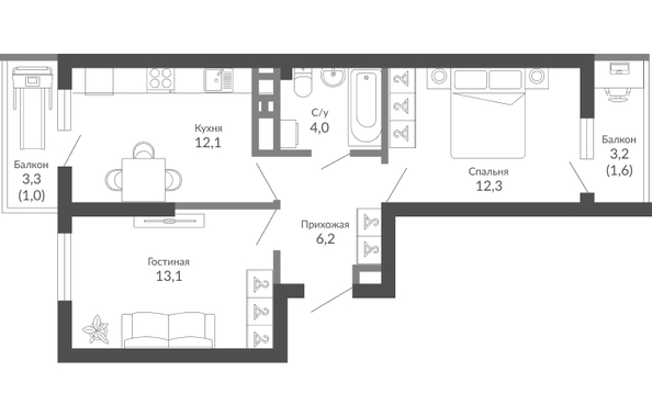 Планировка 2-комн 50,3 м²