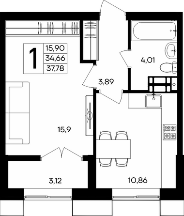 Планировка 1-комн 37,78 м²