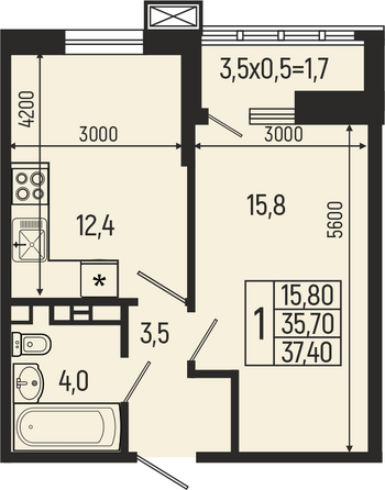 Планировка 1-комн 37,4 - 38,2 м²